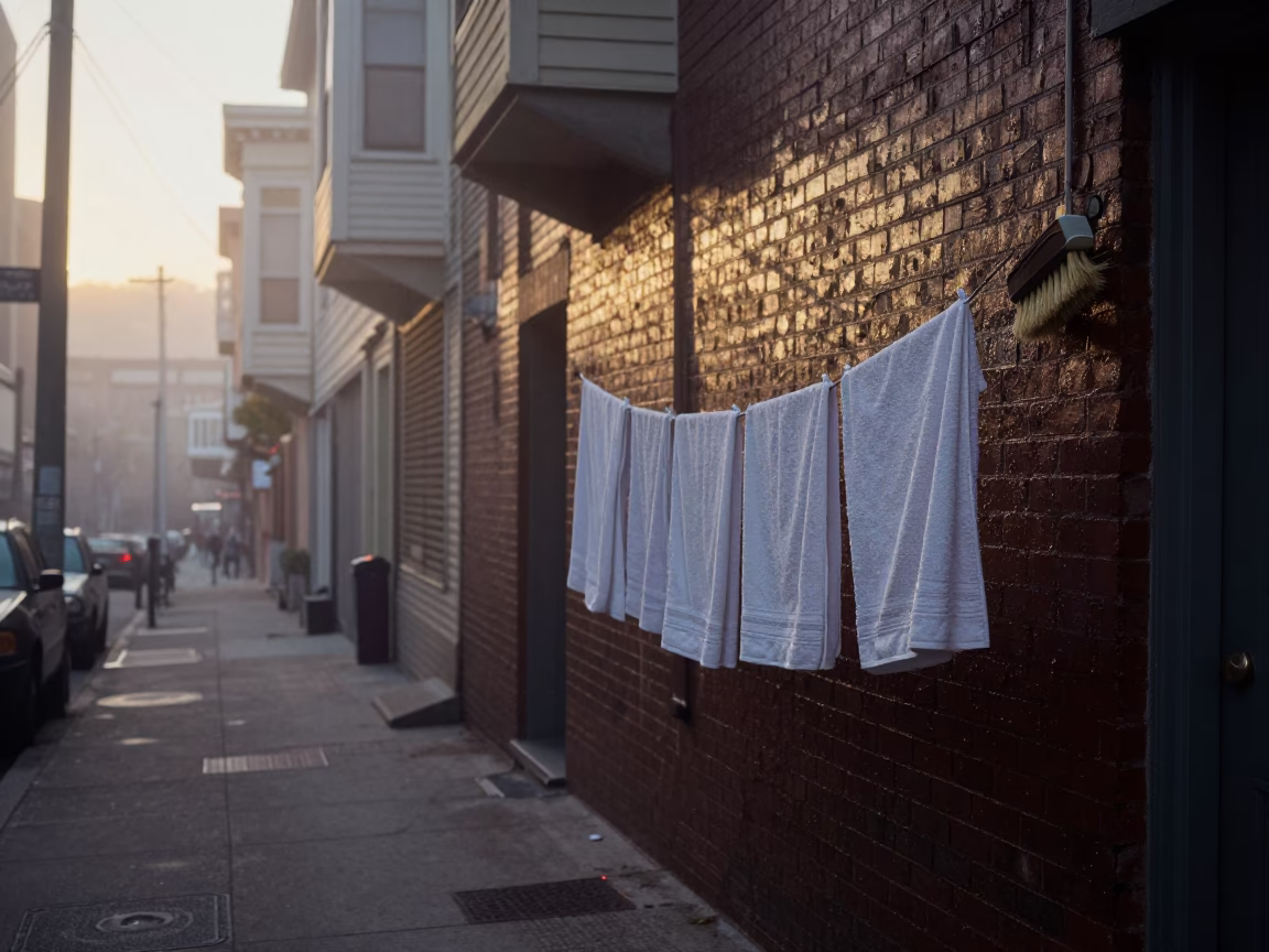 San Francisco Dawn Street Scene with Drying Towels and Brushed Steel Basin in in San Francisco, California, United States