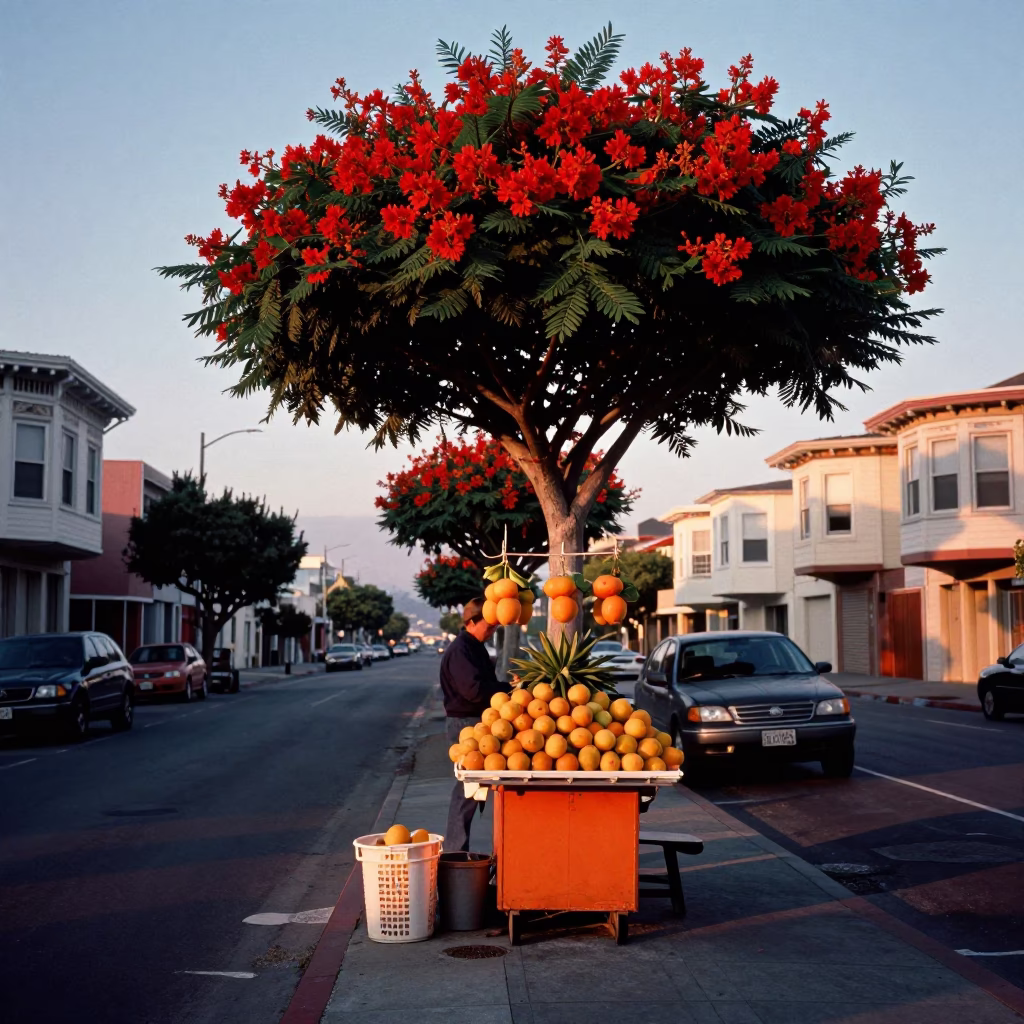 San Francisco Dawn Street Scene with Orange Vendor and Red Flame Tree Bloom in in San Francisco, California, United States