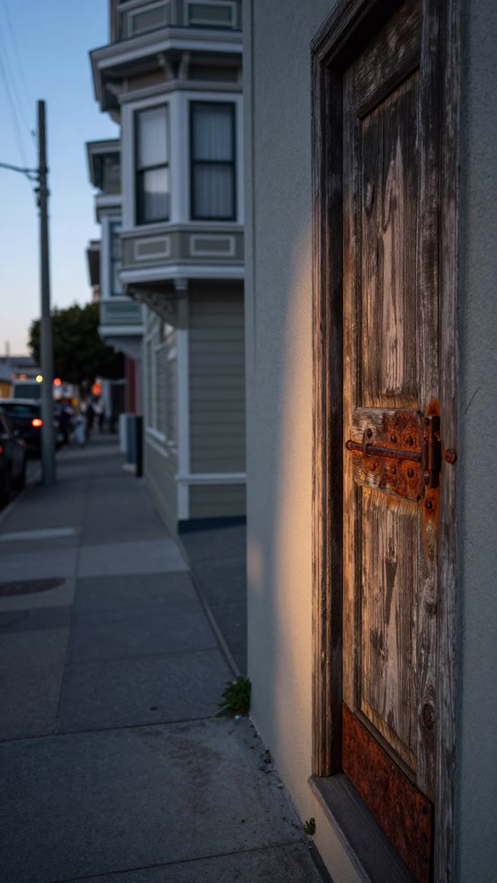 San Francisco Dawn Street Scene with Rusty Hinge and Tamarind Tree Pods in in San Francisco, California, United States