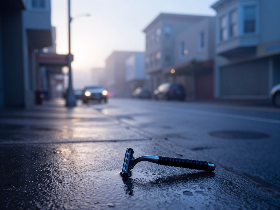 San Francisco Dawn Street Scene with Safety Razor and Wet Pavement Reflections in in San Francisco, California, United States