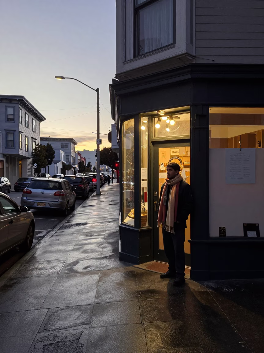 San Francisco Dawn Street Scene with Shopkeeper and Wool Scarves in in San Francisco, California, United States