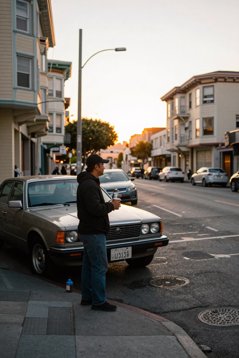 San Francisco Dawn Street Scene with Thermos and Coffee Ritual at First Light in in San Francisco, California, United States