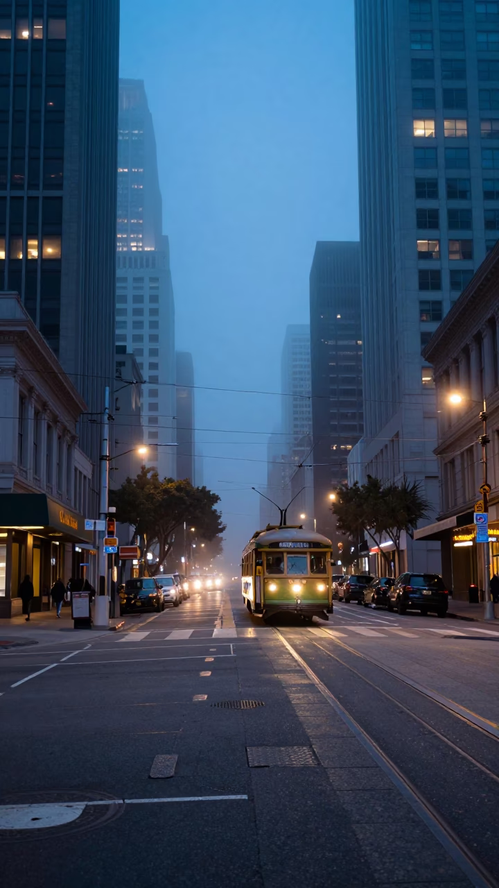 San Francisco Dawn Street Scene with Tramcar and City Lights in in San Francisco, California, United States