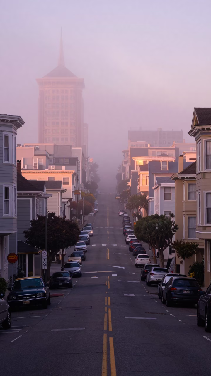 San Francisco Dawn Street Scene with Vintage Car and Foggy Atmosphere in in San Francisco, California, United States
