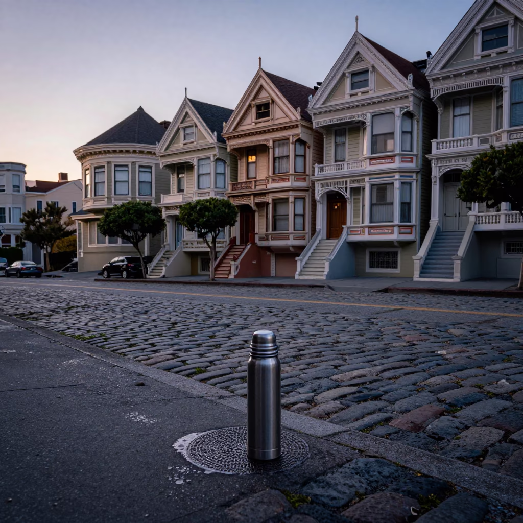 San Francisco Dawn Thermos on Cobblestone Near Victorian Row Houses in in San Francisco, California, United States