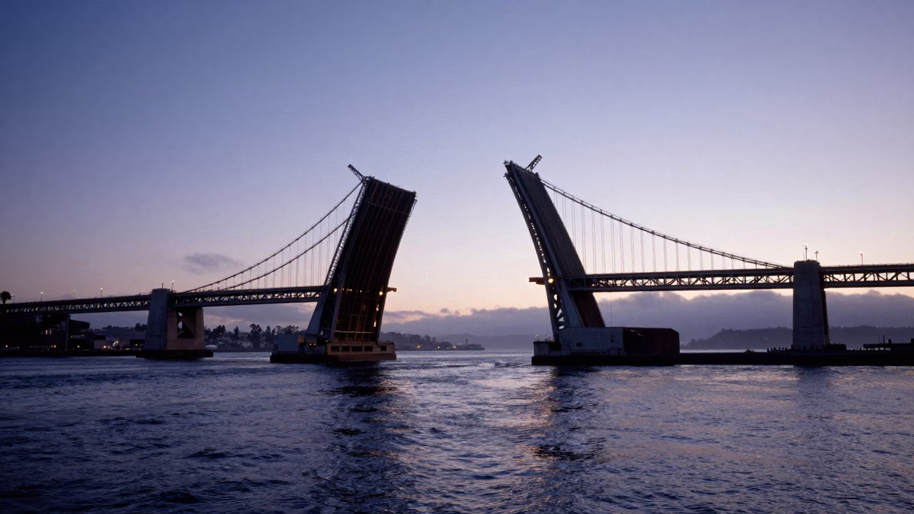 San Francisco Drawbridge Rising Over Tidal Channel Before Sunrise in in San Francisco, California, United States