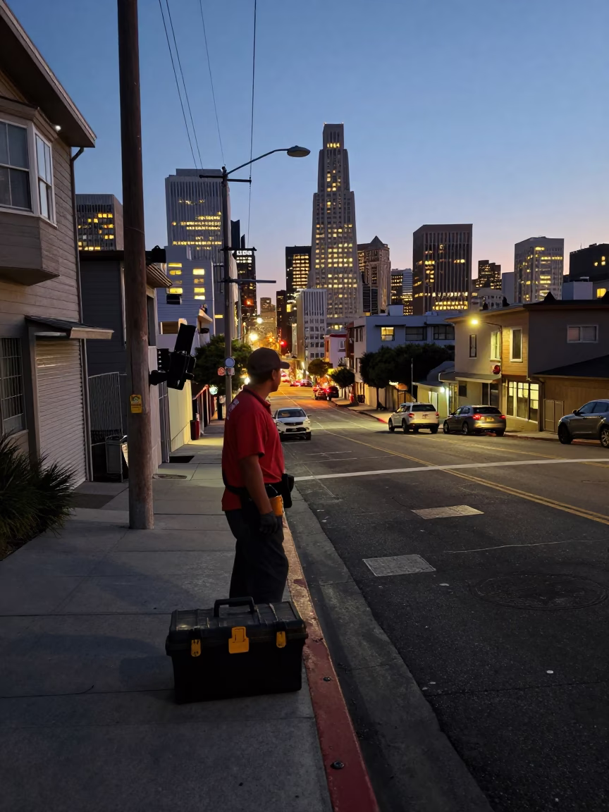 San Francisco Dusk Street Scene with Toolbox and City Lights in in San Francisco, California, United States