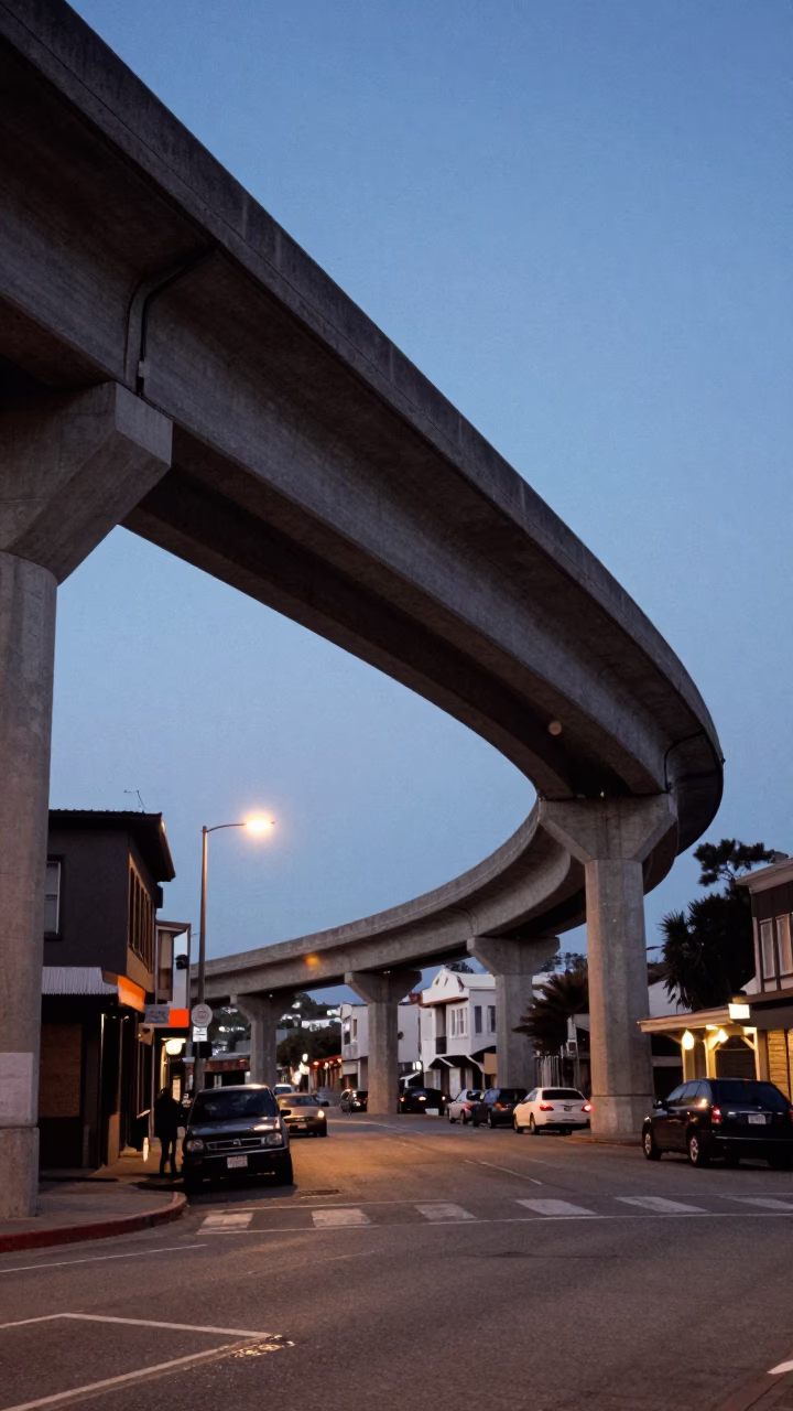 San Francisco Early Evening Street Scene with Concrete Viaduct and Urban Life in in San Francisco, California, United States