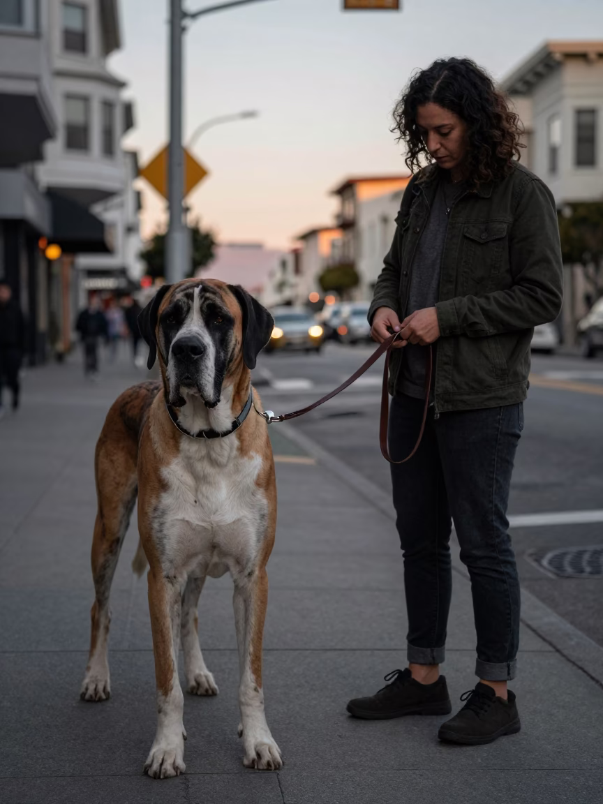 San Francisco Early Evening Street Scene with Great Dane and Urban Details in in San Francisco, California, United States
