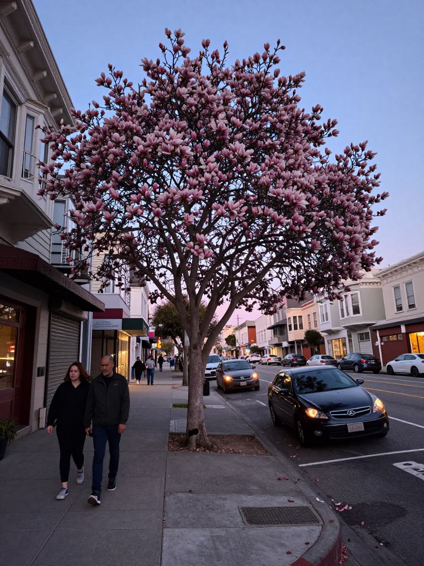 San Francisco Early Evening Street Scene with Magnolia Tree and Urban Details in in San Francisco, California, United States