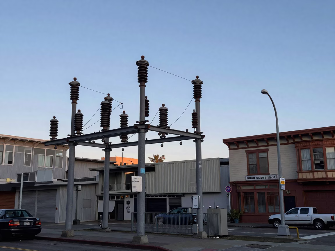 San Francisco Early Evening Street Scene with Substation Busbars and Urban Infrastructure in in San Francisco, California, United States