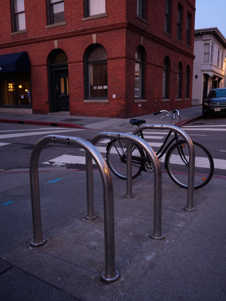 San Francisco Early Evening Street Scene with Vintage Bicycle Rack and Urban Architecture in in San Francisco, California, United States