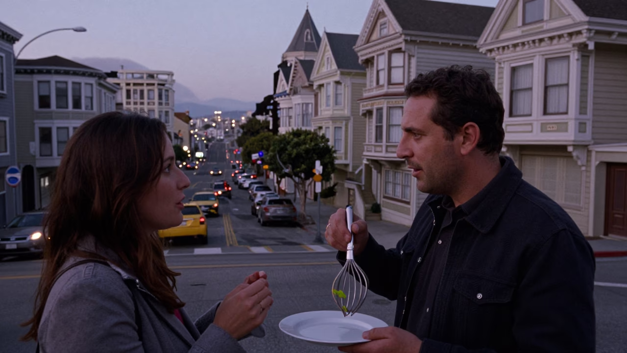 San Francisco Early Evening Street Scene with Whisk and Plate on Cafe Table in in San Francisco, California, United States