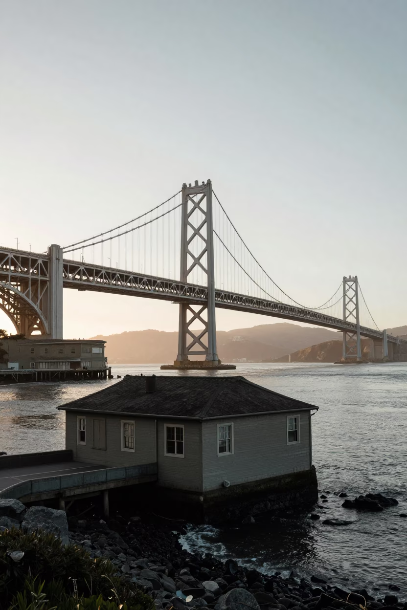 San Francisco Early Morning Drawbridge Counterweight House Over Black Tidal Channel in in San Francisco, California, United States