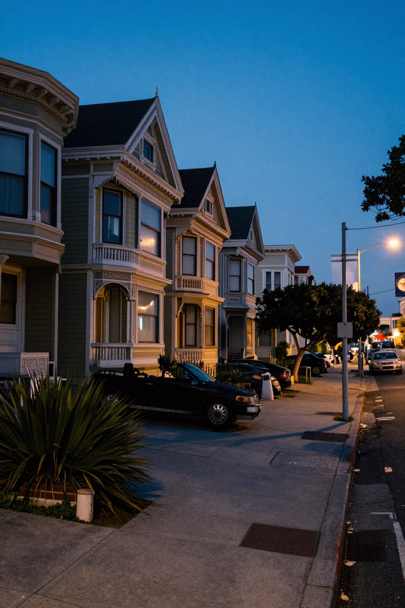San Francisco Evening Blue Hour Street Scene with Houseplants and Beach Towels in in San Francisco, California, United States