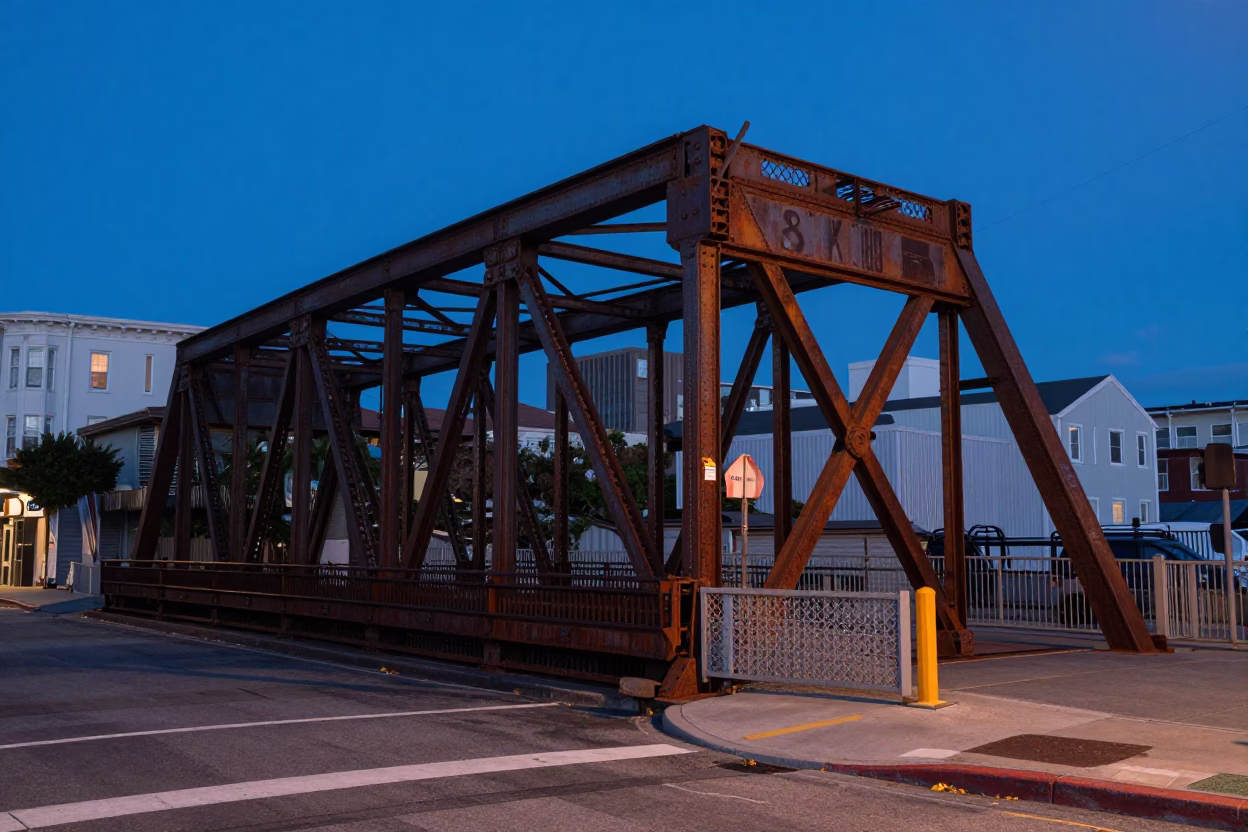San Francisco Evening Blue Hour Street Scene with Rusted Drawbridge and Park Lake in in San Francisco, California, United States