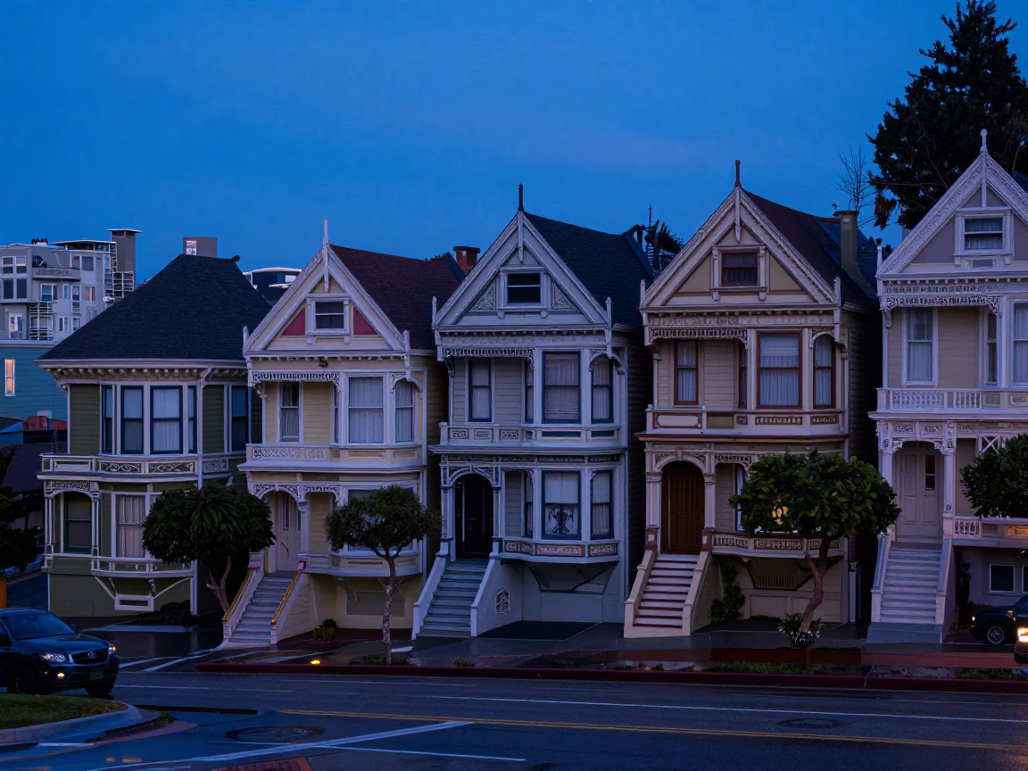 San Francisco Evening Blue Hour View of Victorian House and Street Scene in in San Francisco, California, United States