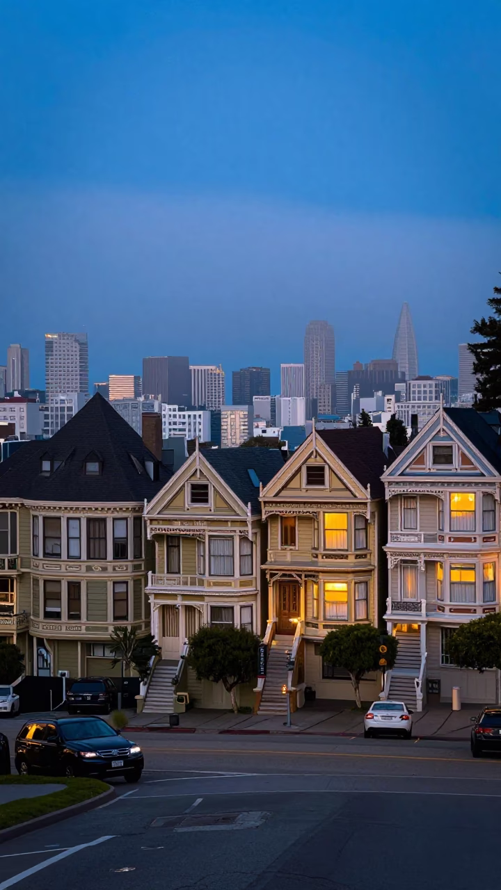 San Francisco Evening Fog Rolling Over Victorian Houses and Golden Gate Bridge View in in San Francisco, California, United States