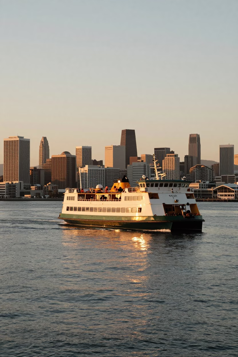 San Francisco Evening Harbor View with Catamaran Ferry and City Skyline in Honeyed Light in in San Francisco, California, United States