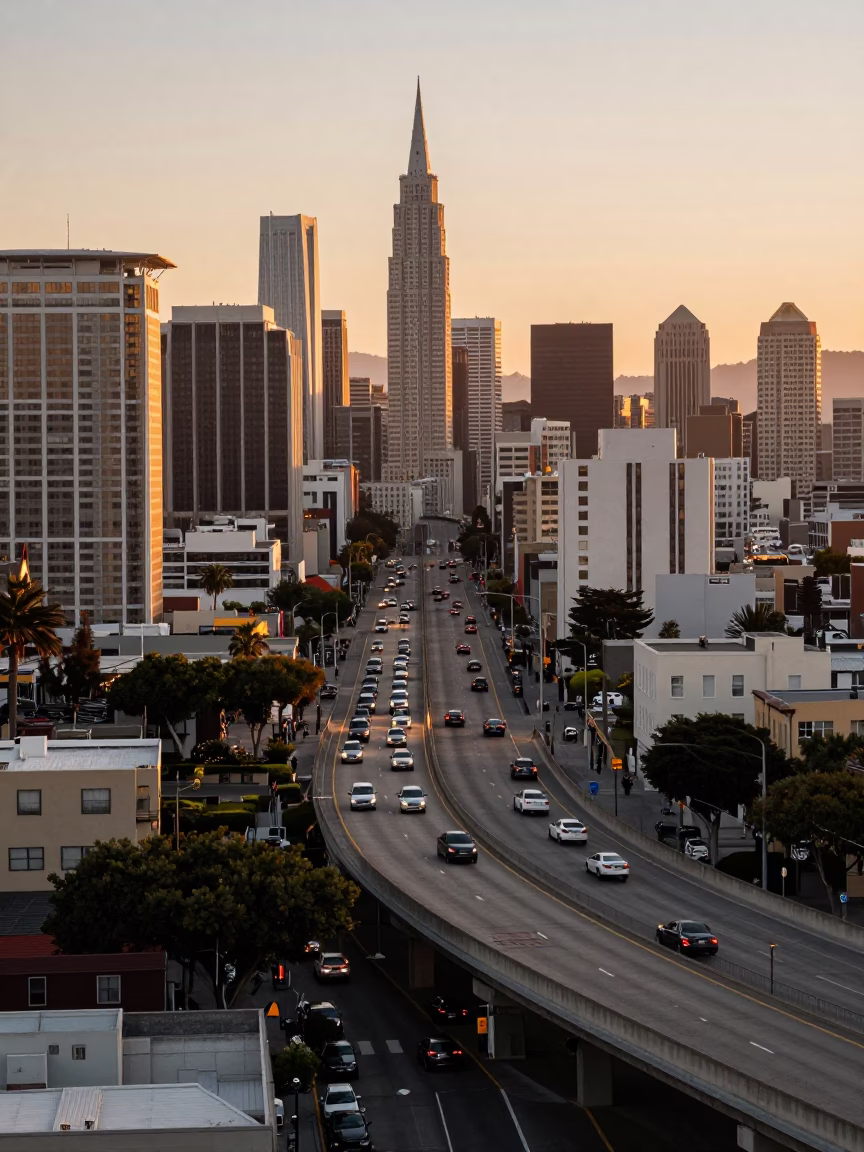 San Francisco Evening Light Over Highway Overpass and City Skyline in in San Francisco, California, United States