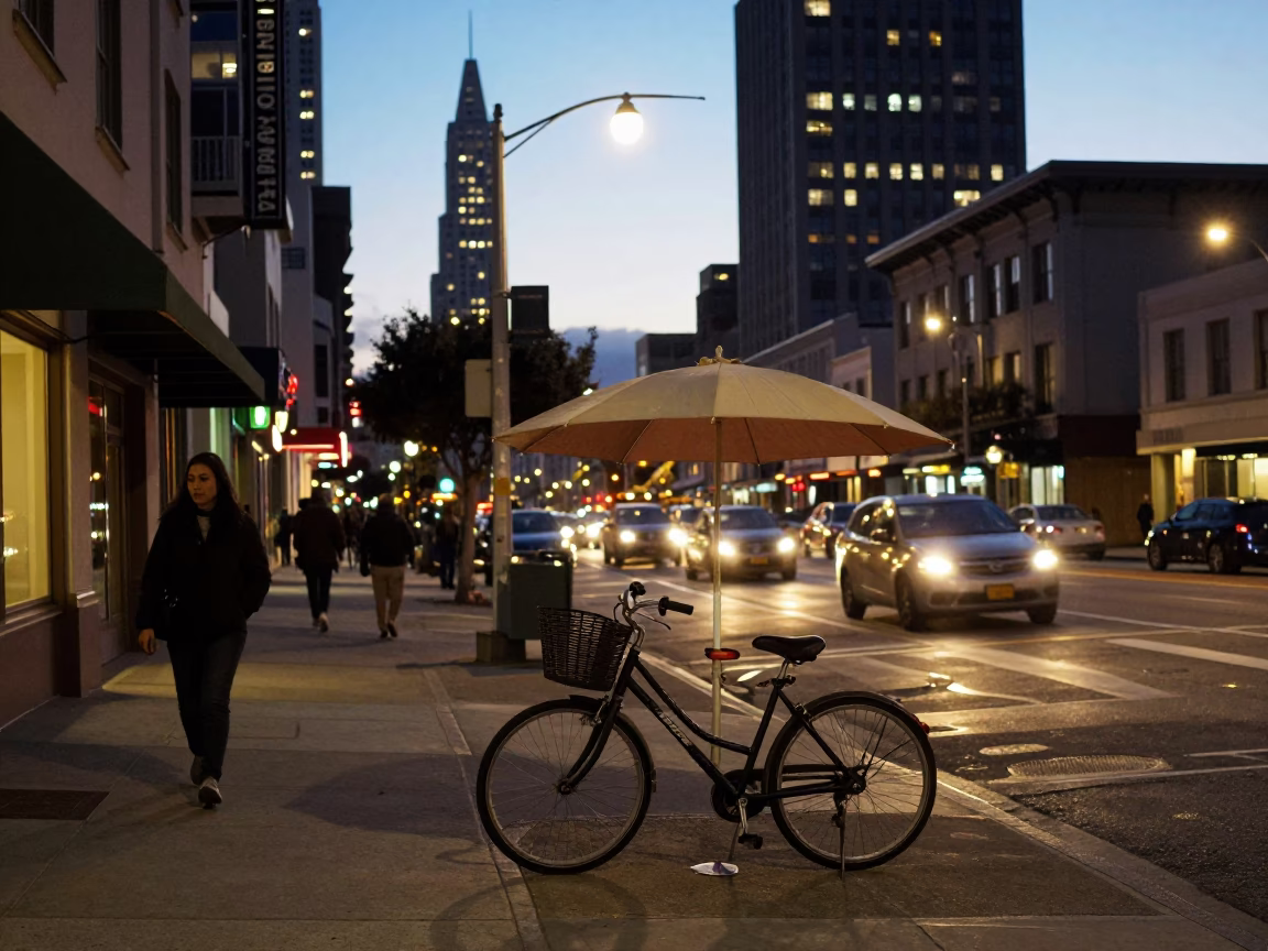 San Francisco Evening Street Scene with Bicycle Basket and Umbrella Stand at Dusk in in San Francisco, California, United States