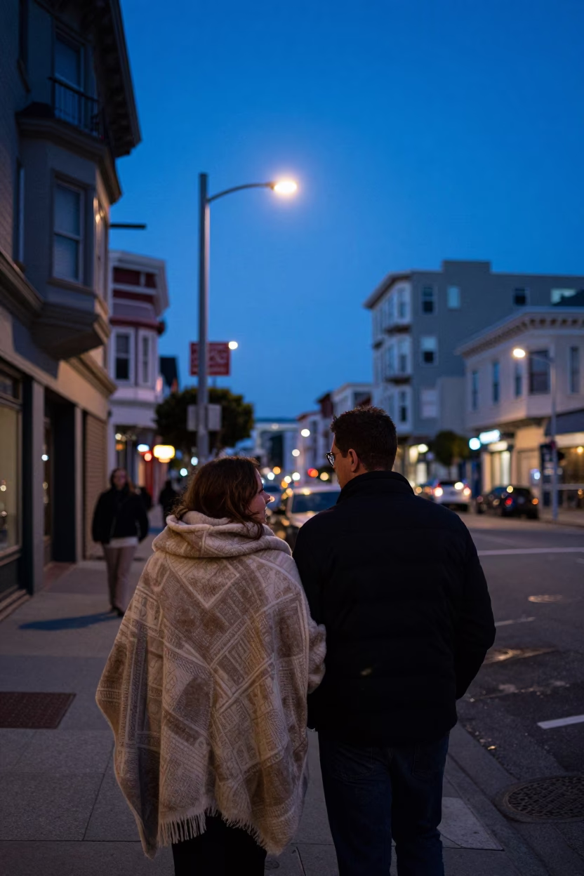 San Francisco Evening Street Scene with Blanket and Cobalt Twilight Sky in in San Francisco, California, United States