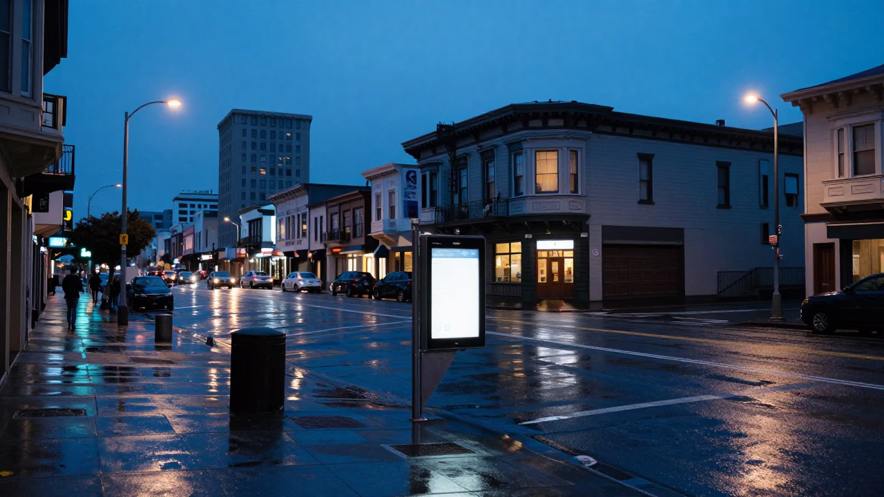 San Francisco Evening Street Scene with Blue Hour Lighting and Local Details in in San Francisco, California, United States