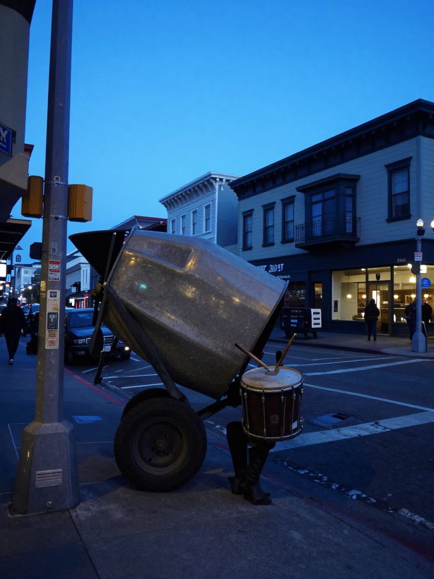 San Francisco Evening Street Scene with Cement Mixer and Boot Scraper in in San Francisco, California, United States