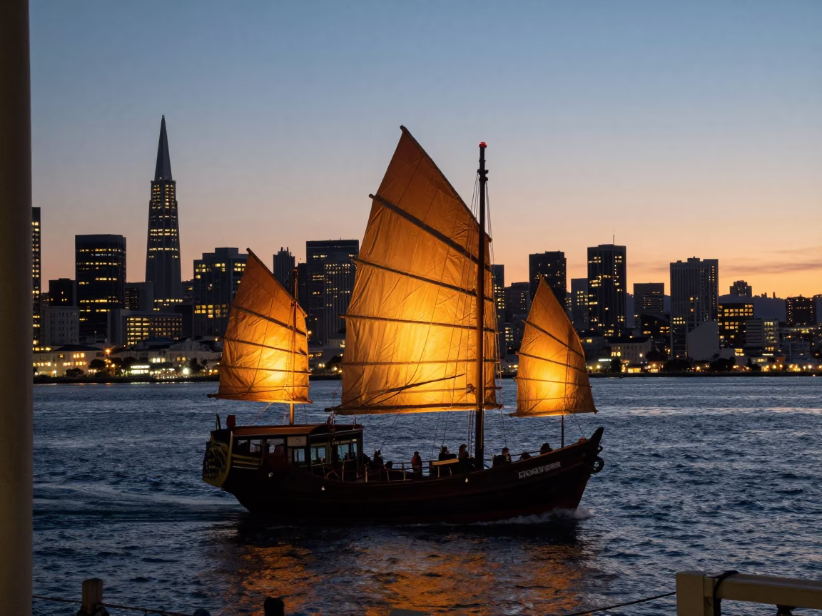 San Francisco Evening Street Scene with Chinese Junk Sails and Urban Details in in San Francisco, California, United States