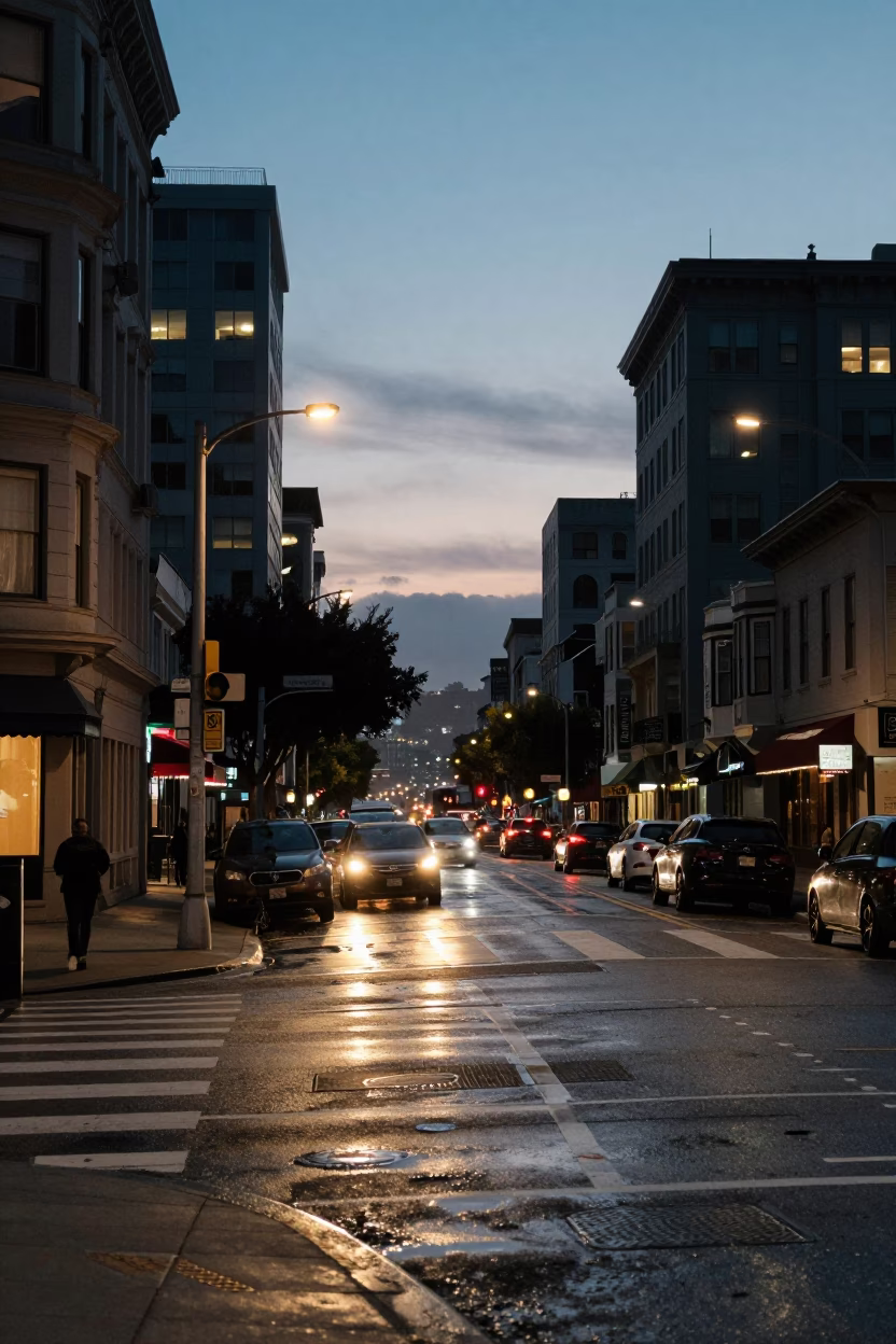 San Francisco Evening Street Scene with Condensation and Local Details in in San Francisco, California, United States