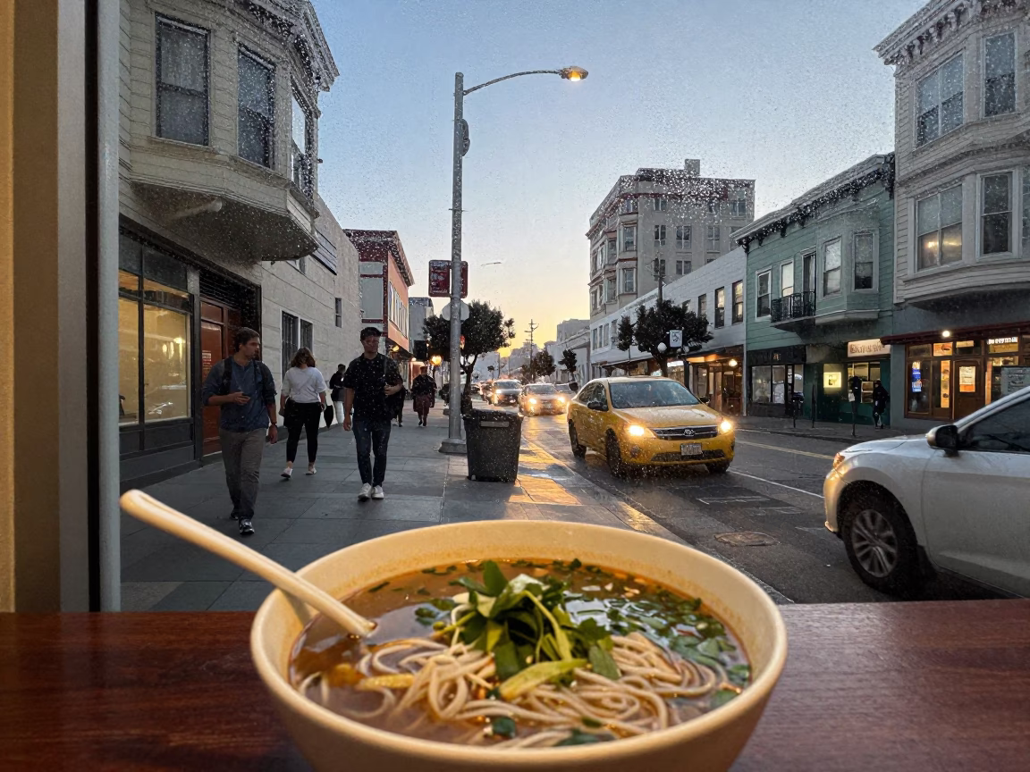 San Francisco Evening Street Scene with Condensation and Urban Details in in San Francisco, California, United States