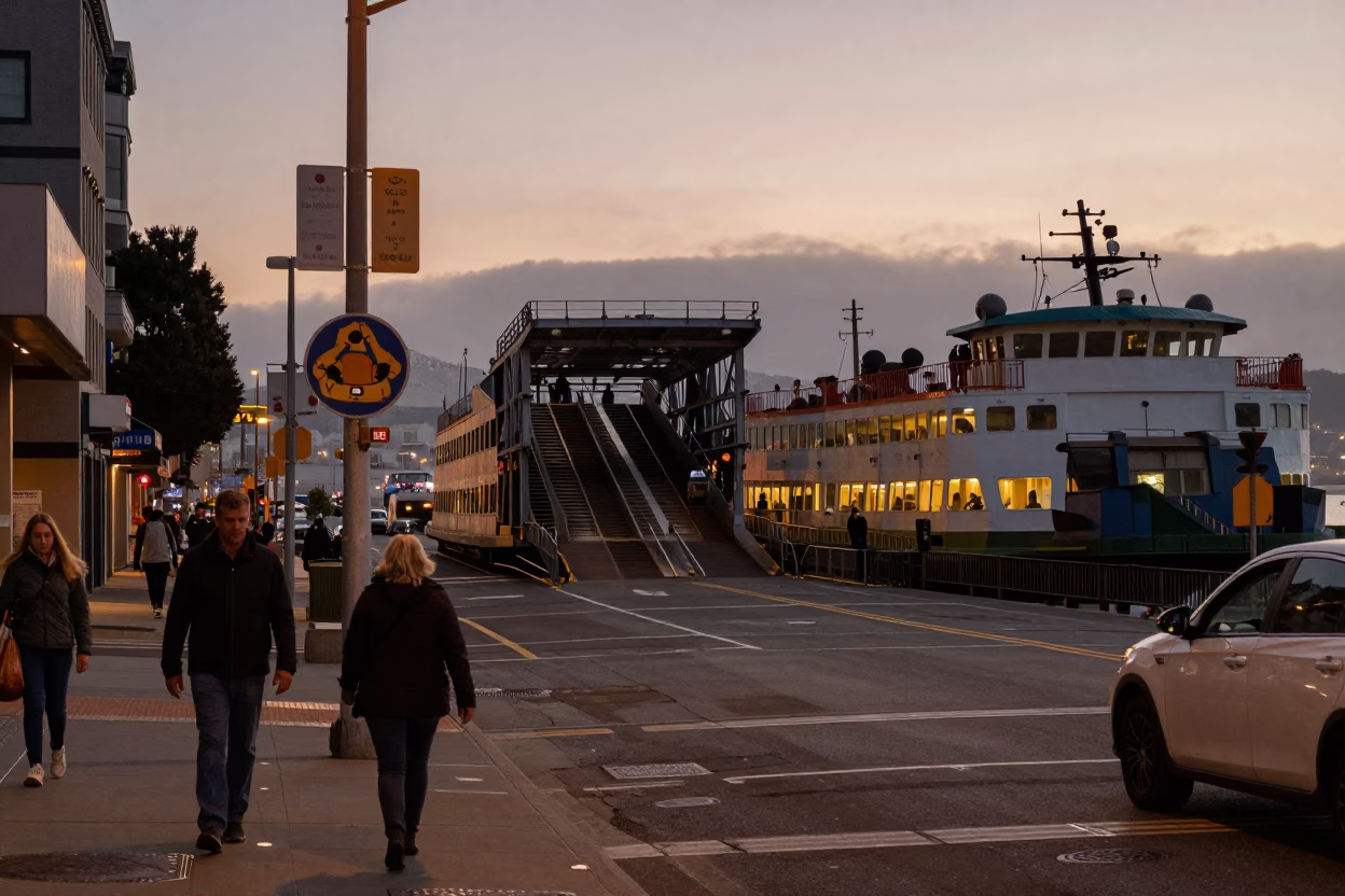 San Francisco Evening Street Scene with Ferry Piling System and Urban Life in in San Francisco, California, United States