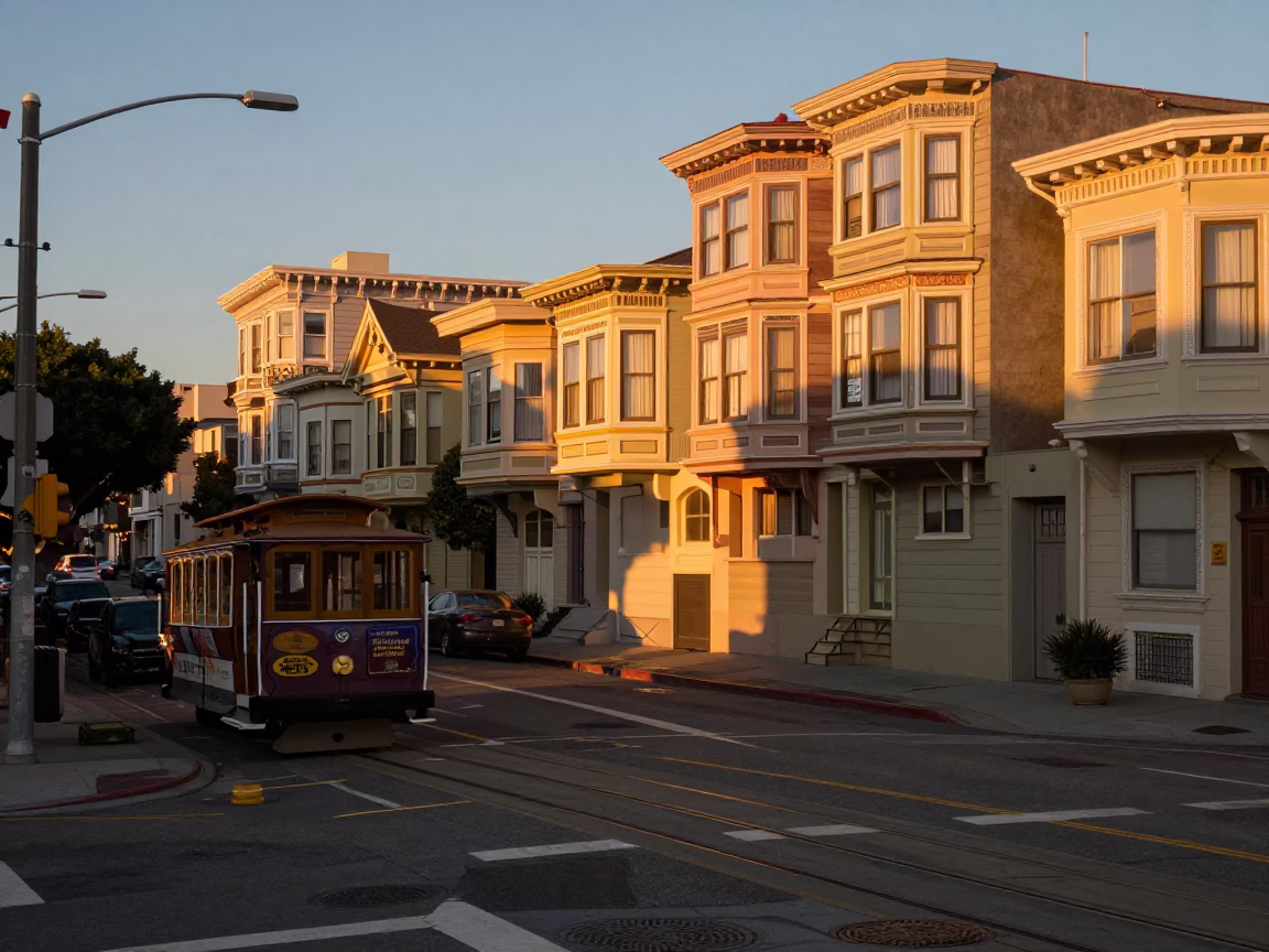 San Francisco Evening Street Scene with Honeyed Light and Urban Details in in San Francisco, California, United States