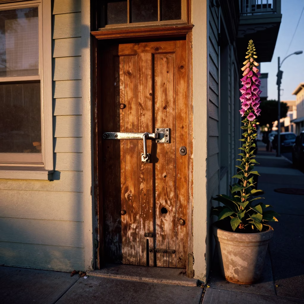 San Francisco Evening Street Scene with Iron Deadbolt and Foxglove Shadows in in San Francisco, California, United States