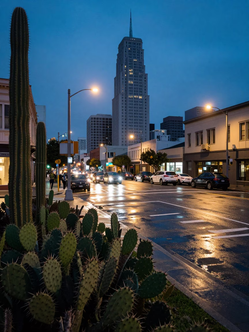 San Francisco Evening Street Scene with Prickly Pear Cactus and Wet Asphalt Reflections in in San Francisco, California, United States