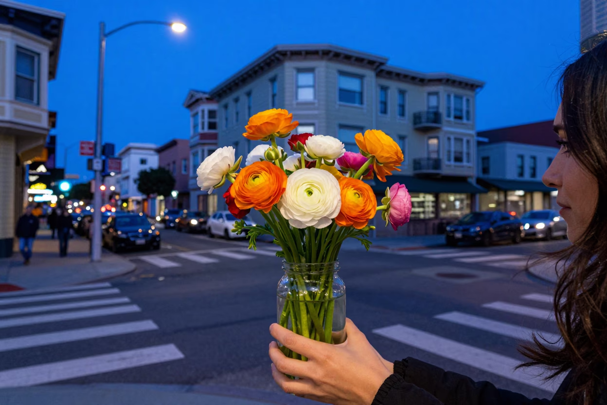 San Francisco Evening Street Scene with Ranunculus Bouquet in Glass Jar in in San Francisco, California, United States