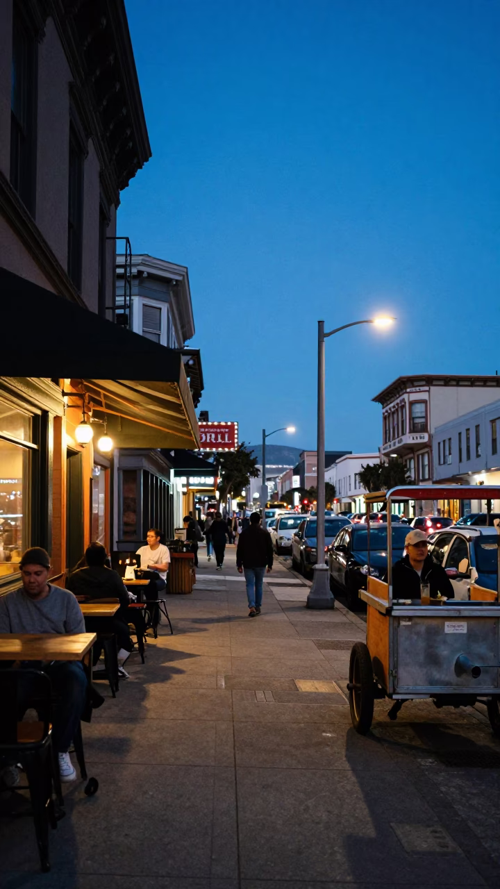 San Francisco Evening Street Scene with Rolling Carts and Bar Stools in Blue Hour in in San Francisco, California, United States