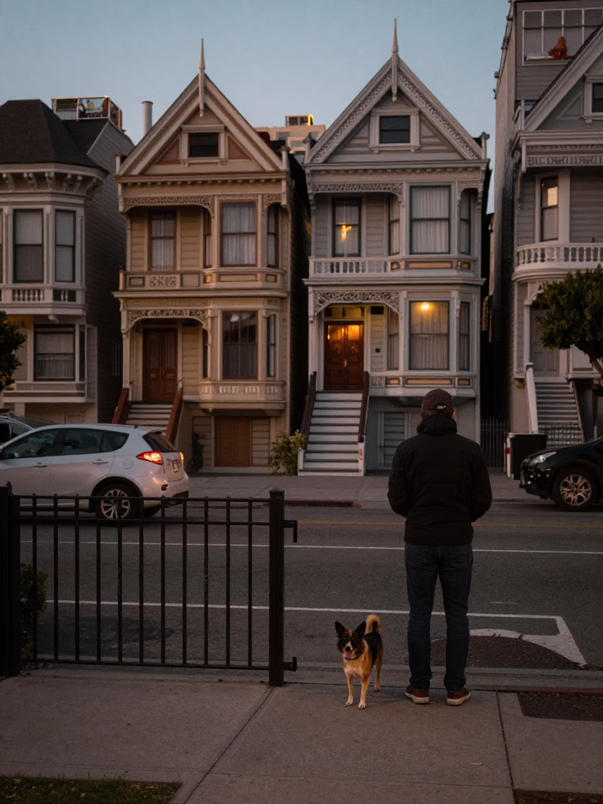 San Francisco Evening Street Scene with Small Dog and Gate Handle in in San Francisco, California, United States