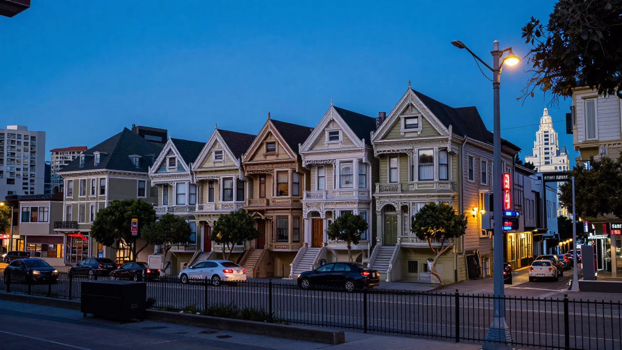 San Francisco Evening Street Scene with Utility Fence and Neon Reflections in in San Francisco, California, United States