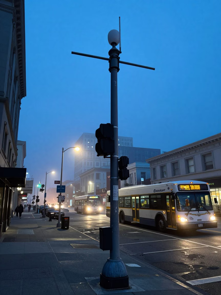 San Francisco Evening Street Scene with Weather Station Mast and Local Activity in in San Francisco, California, United States