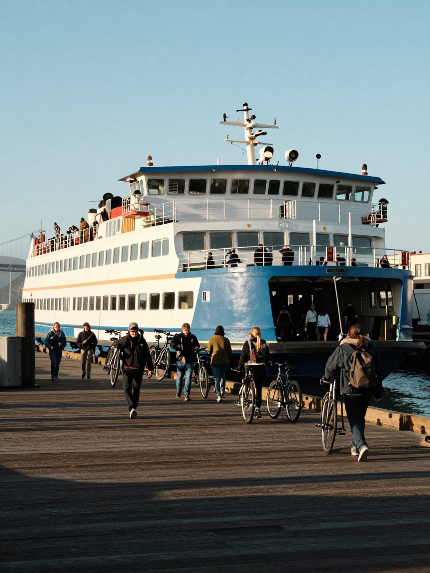 San Francisco Ferry at Pier 41 Loading Passengers and Bicycles in Late Afternoon Light in in San Francisco, California, United States