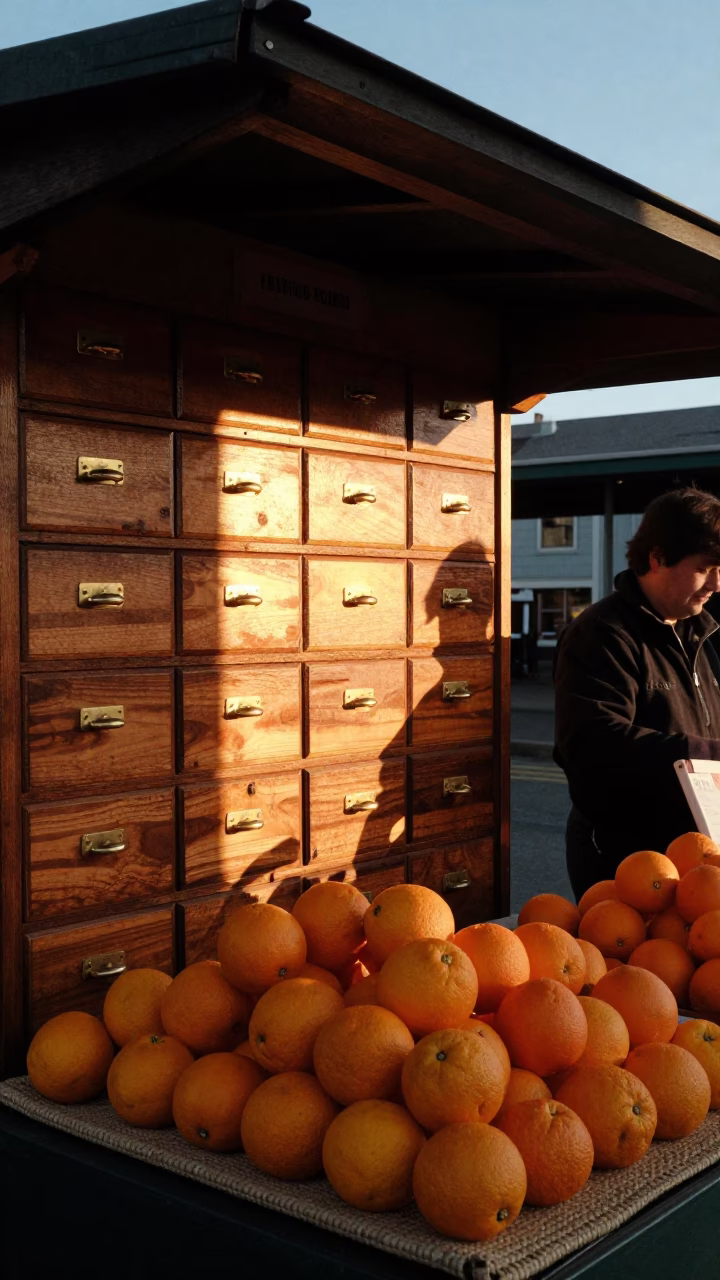 San Francisco Ferry Building Evening Light and Orange Stall in in San Francisco, California, United States