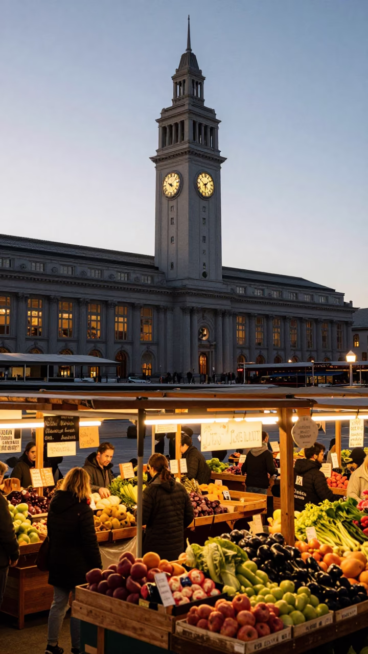 San Francisco Ferry Building Market Dawn Light Illuminating Local Artisan Produce Stalls in in San Francisco, California, United States