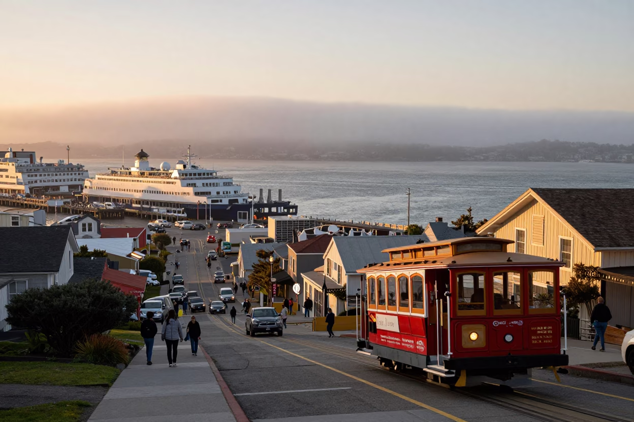 San Francisco Ferry Commute at Nautical Dawn Light in in San Francisco, California, United States