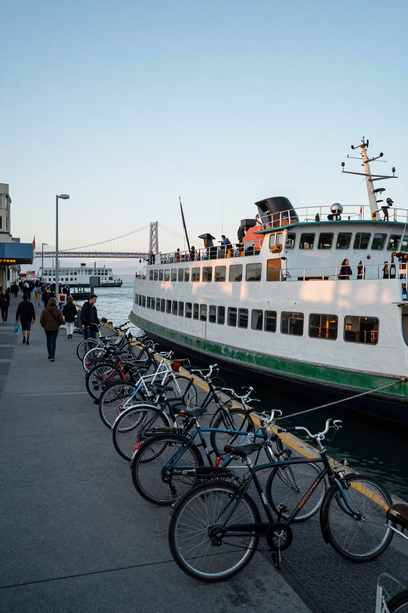 San Francisco Ferry Dock Early Evening with Bicycle Loading and Suburban Scenery in in San Francisco, California, United States