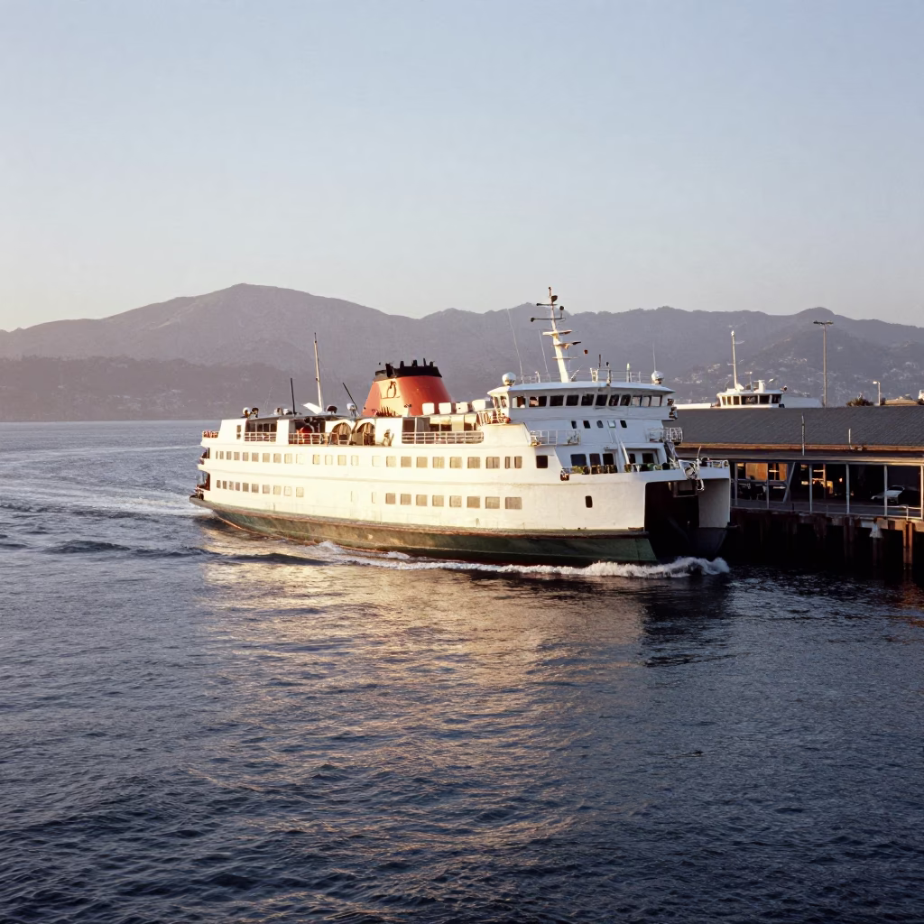 San Francisco Ferry Leaving Harbor With Mountains Behind Just After Sunrise in in San Francisco, California, United States