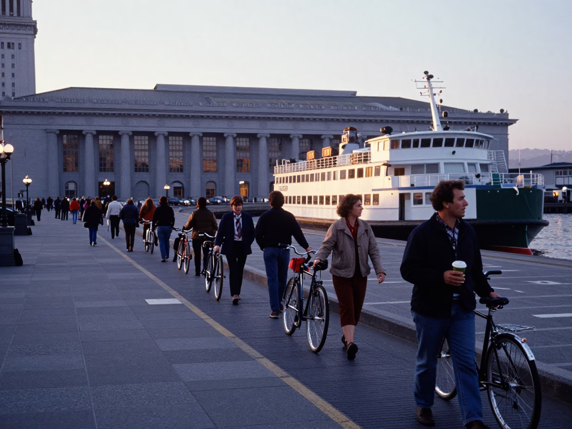 San Francisco Ferry Loading Passengers and Bicycles at Dawn First Light in in San Francisco, California, United States