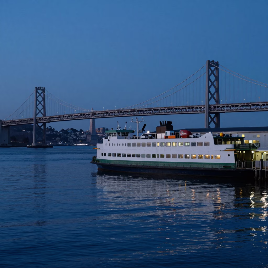 San Francisco Ferry Terminal at Indigo Twilight with Harbor Reflections and Urban Life in in San Francisco, California, United States