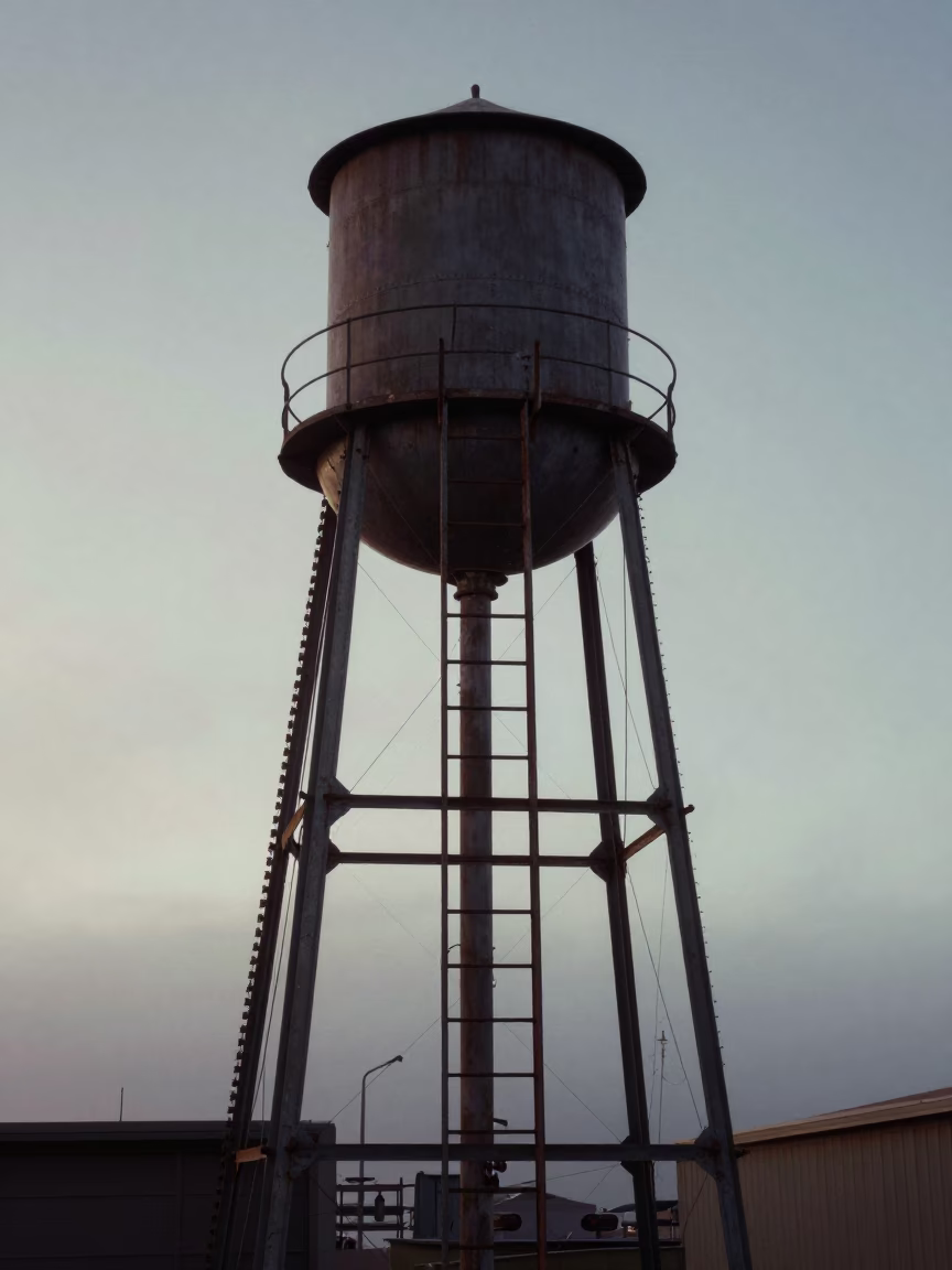 San Francisco Fire Department Water Tower Ladder Disappearing Into Pale Morning Mist Before Dawn in in San Francisco, California, United States