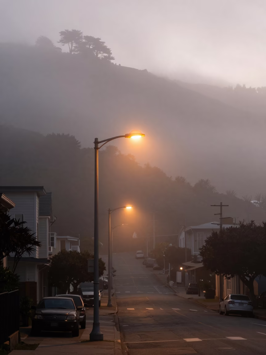 San Francisco Fog and Streetlights Before Dawn in 1970s California in in San Francisco, California, United States